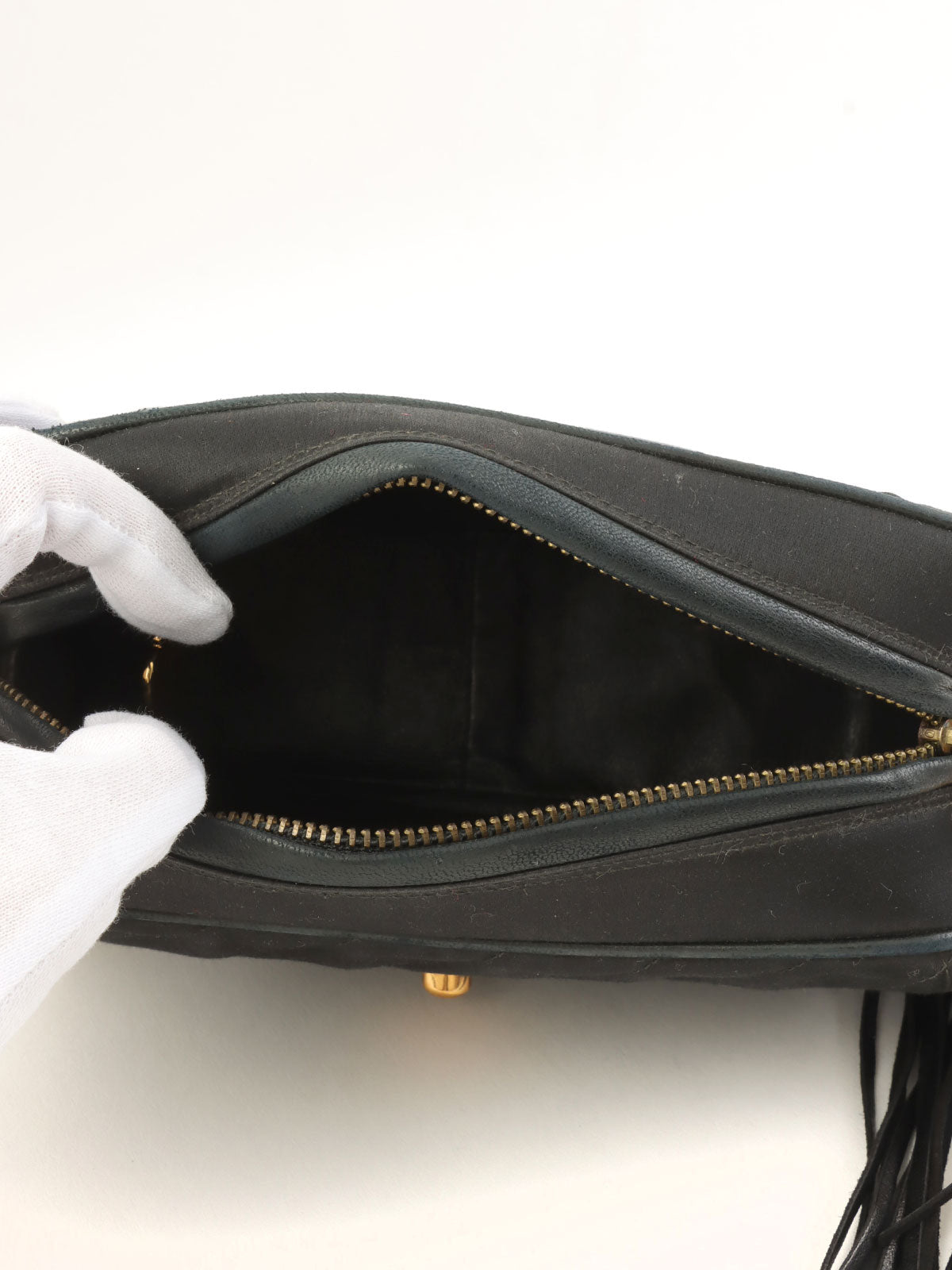 1992年製 サテンCCターンロックフリンジチェーンショルダーバッグ ブラック