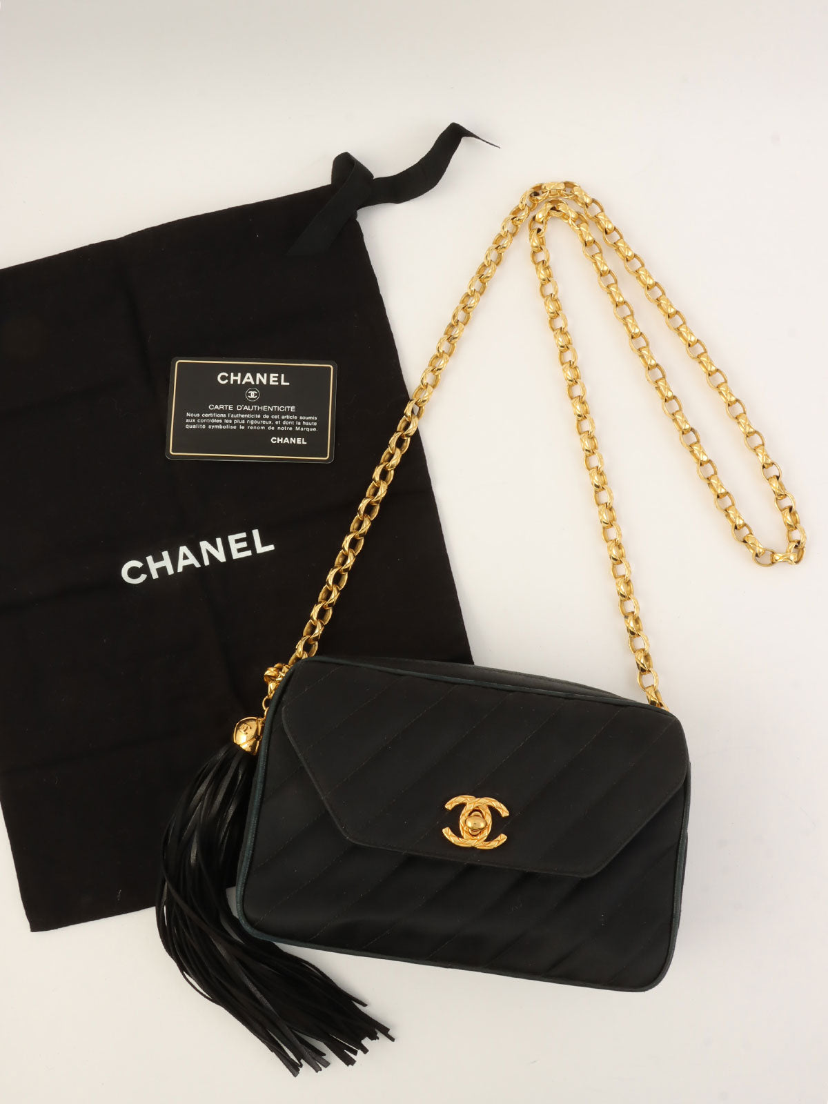 1992年製 サテンCCターンロックフリンジチェーンショルダーバッグ ブラック