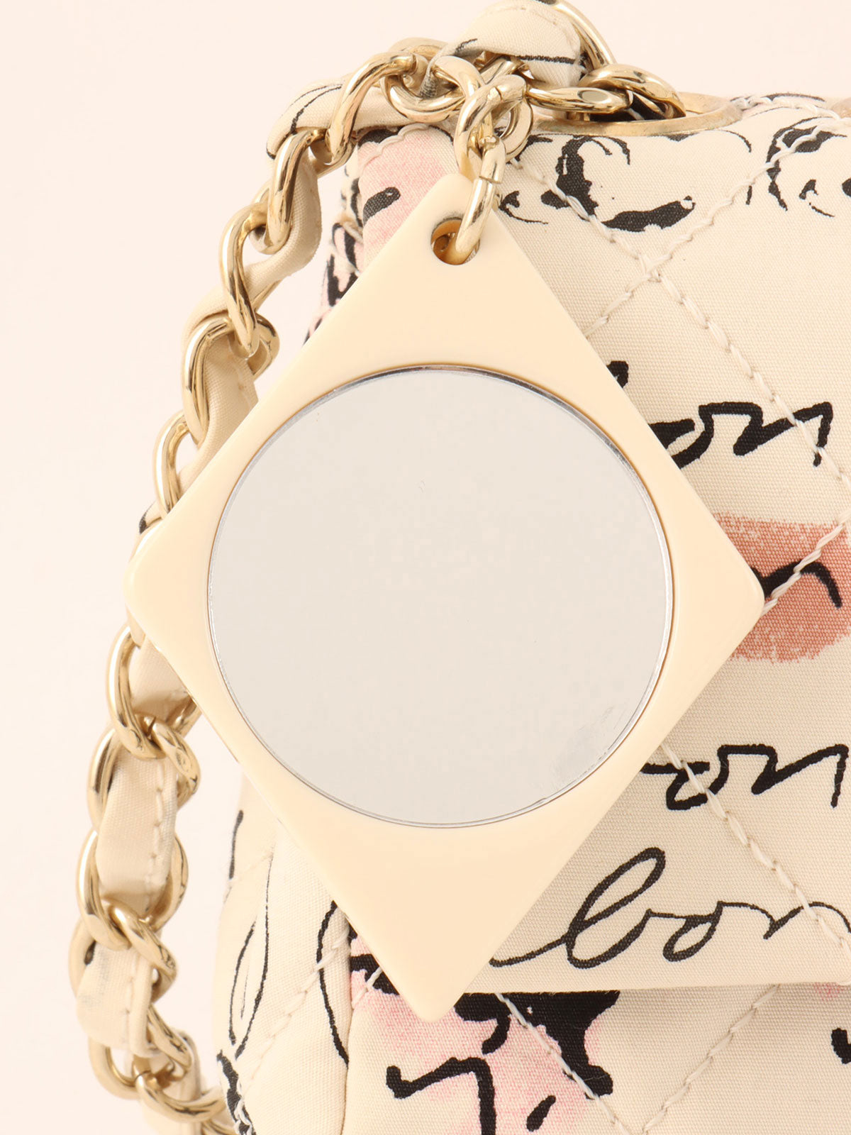 Circa 2005 Cotton CC Turnlock Mademoiselle Mirror Charm Chain Bag in Ivory/Multi