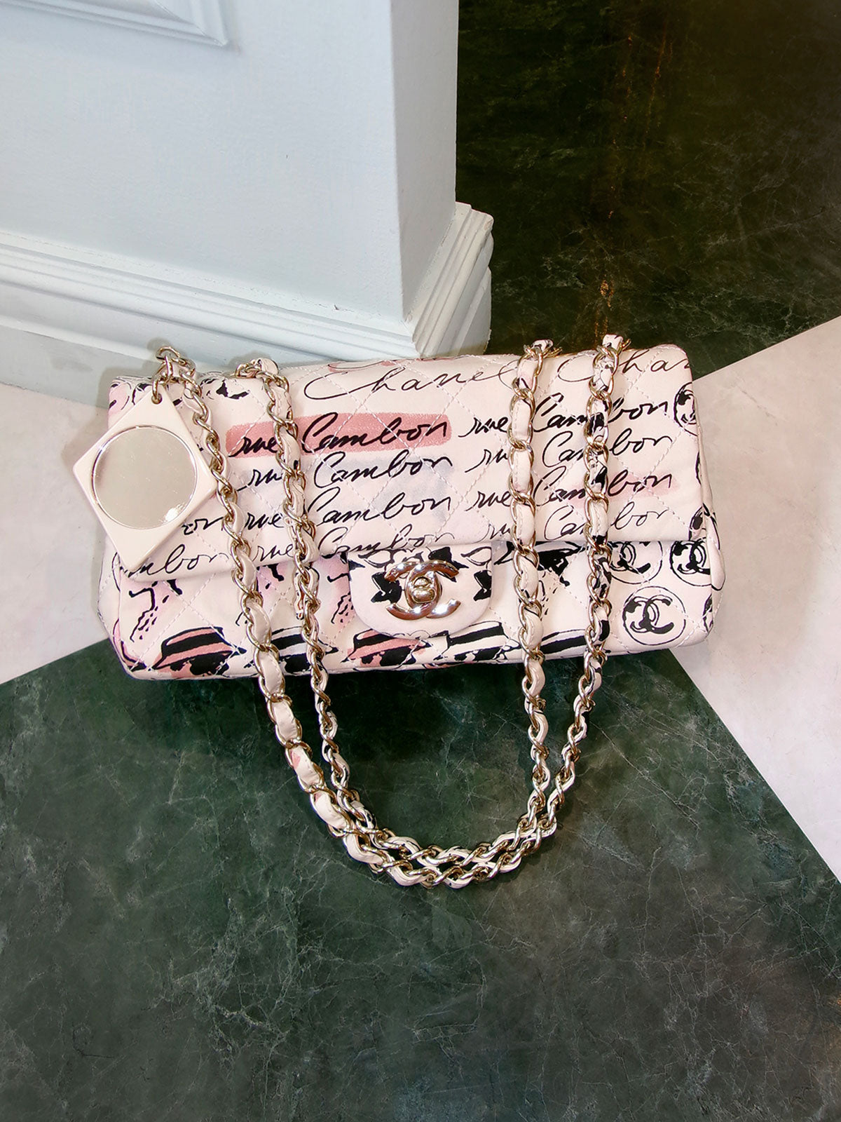 Circa 2005 Cotton CC Turnlock Mademoiselle Mirror Charm Chain Bag in Ivory/Multi