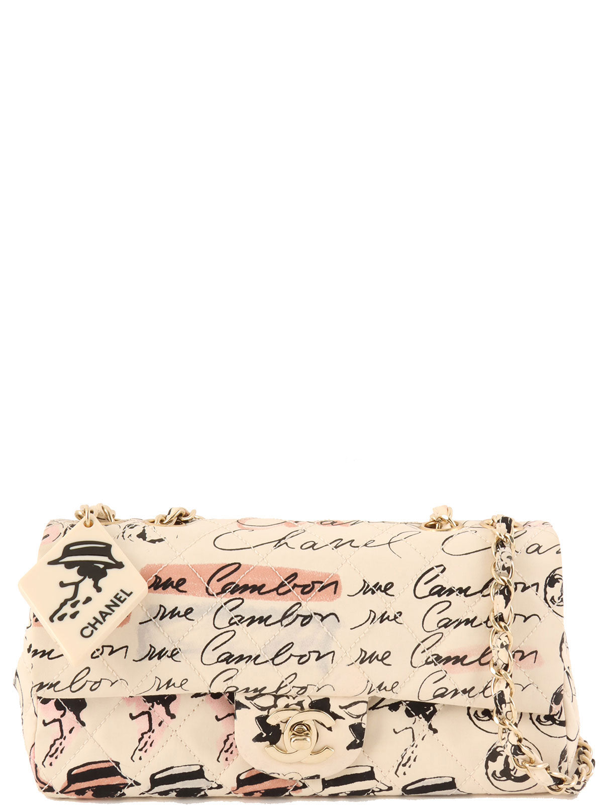 Circa 2005 Cotton CC Turnlock Mademoiselle Mirror Charm Chain Bag in Ivory/Multi