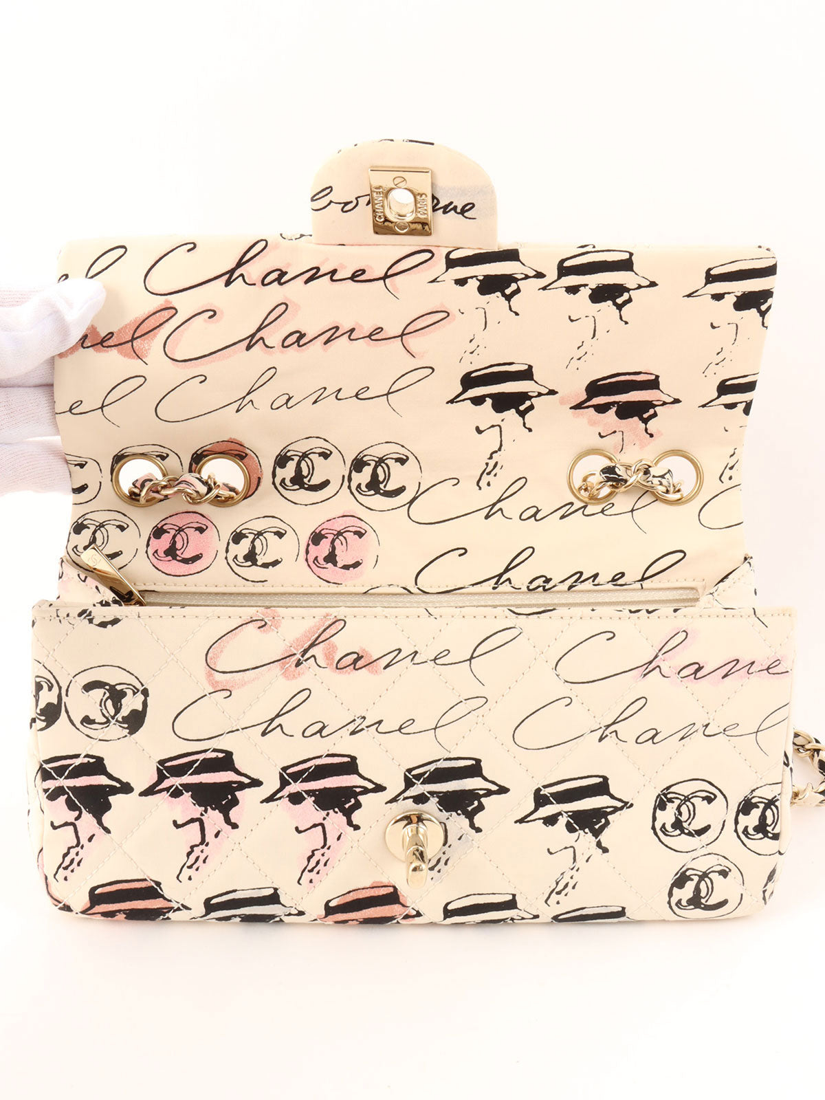 Circa 2005 Cotton CC Turnlock Mademoiselle Mirror Charm Chain Bag in Ivory/Multi