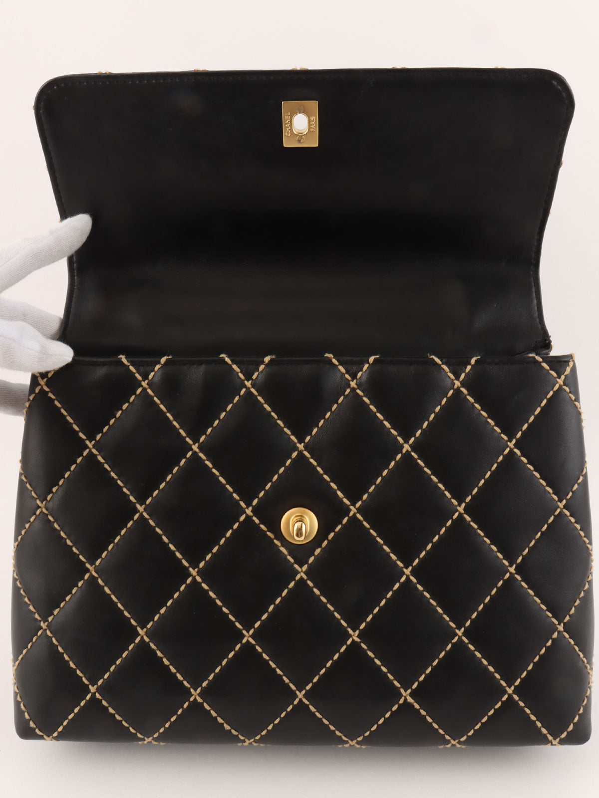 Around 2004 Made Wild Stitch CC Turn-lock  Top Handle Bag Black