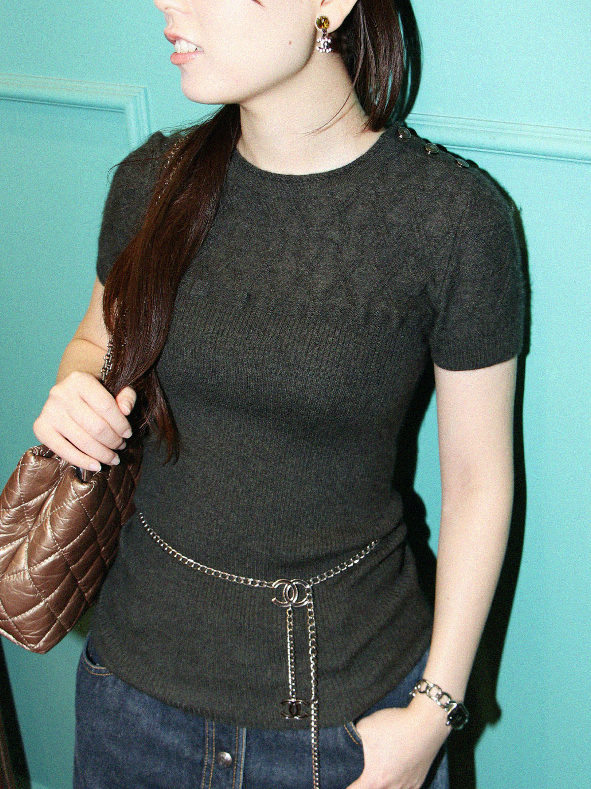 カシミアCCマークボタン半袖ニット カーキグレー