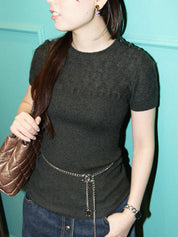 カシミアCCマークボタン半袖ニット カーキグレー