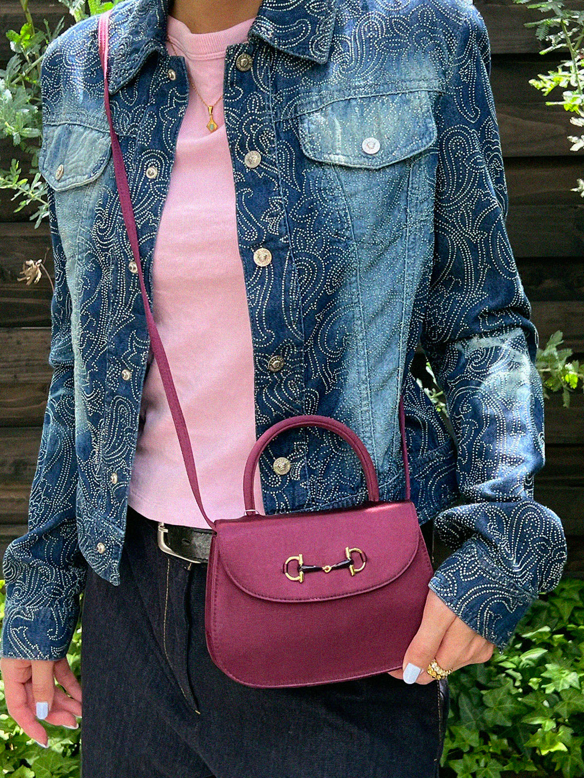 サテンホースビットプレートミニ2wayバッグ　ワインレッド