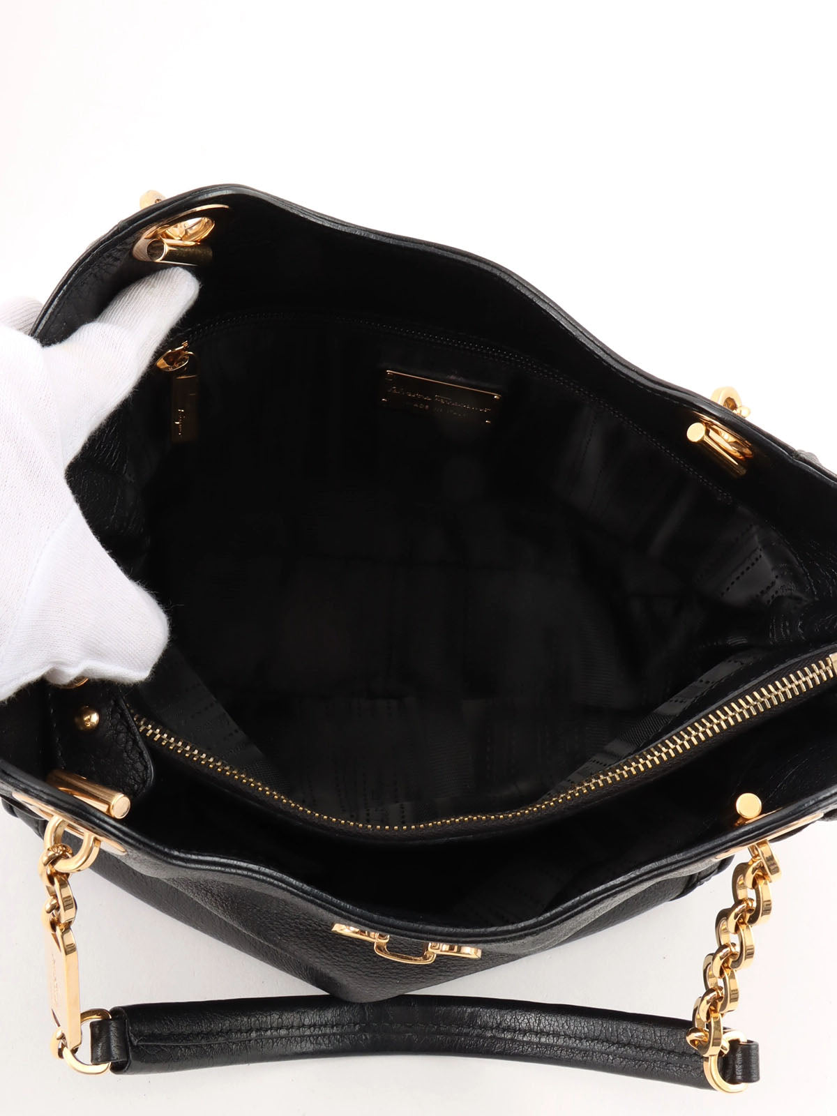 Gancini Plate Chain Shoulder Bag in Black