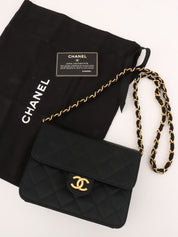 1985～1990年頃製 シルクサテンCCマークプレートチェーンバッグ ブラック