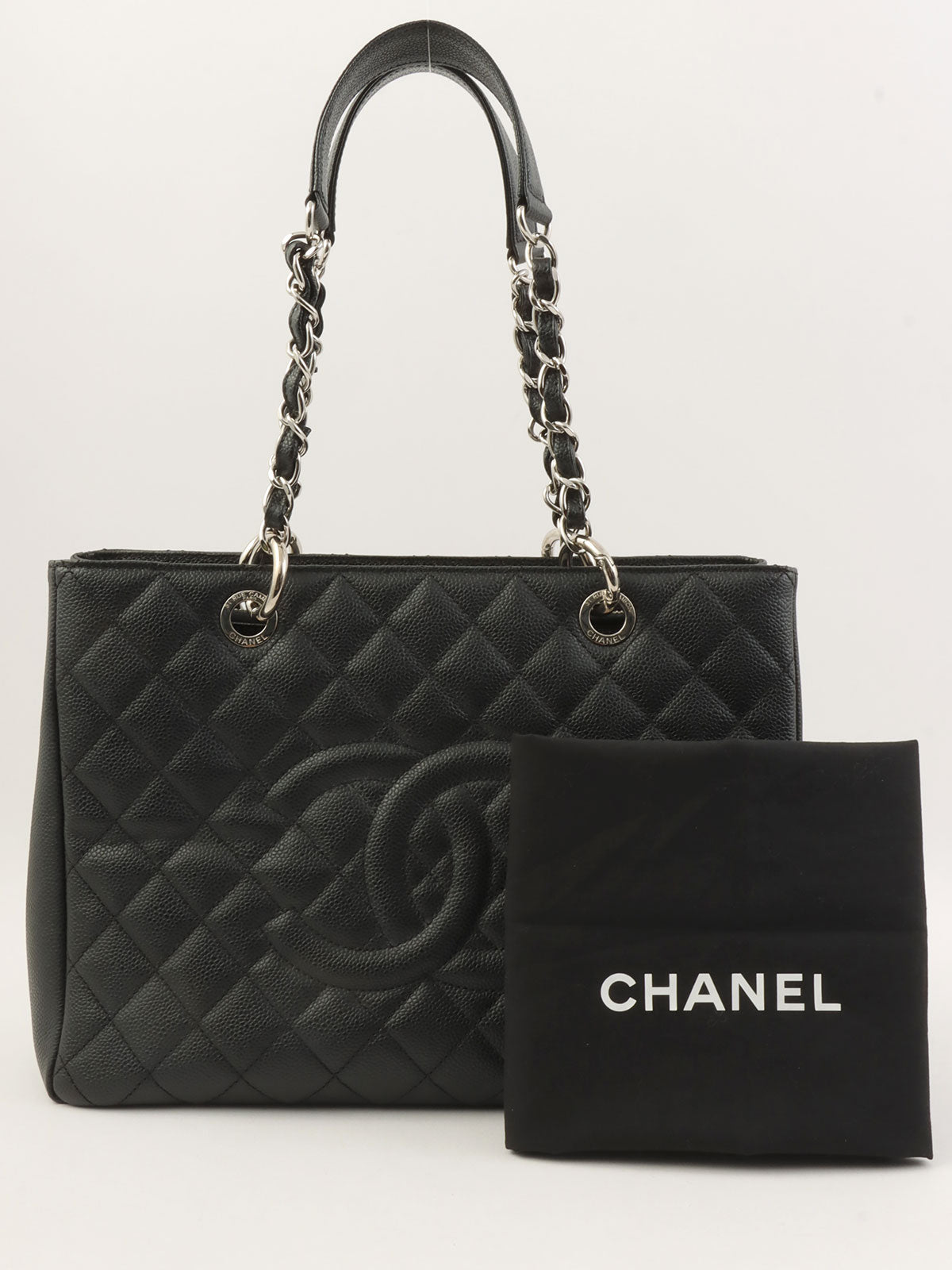 2013年頃製 キャビアスキンCCマークステッチチェーントートバッグ ブラック