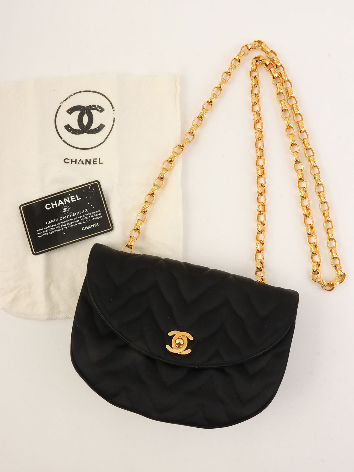 1990 Silk Satin Half Moon CC Turnlock Chain Shoulder Bag in Black