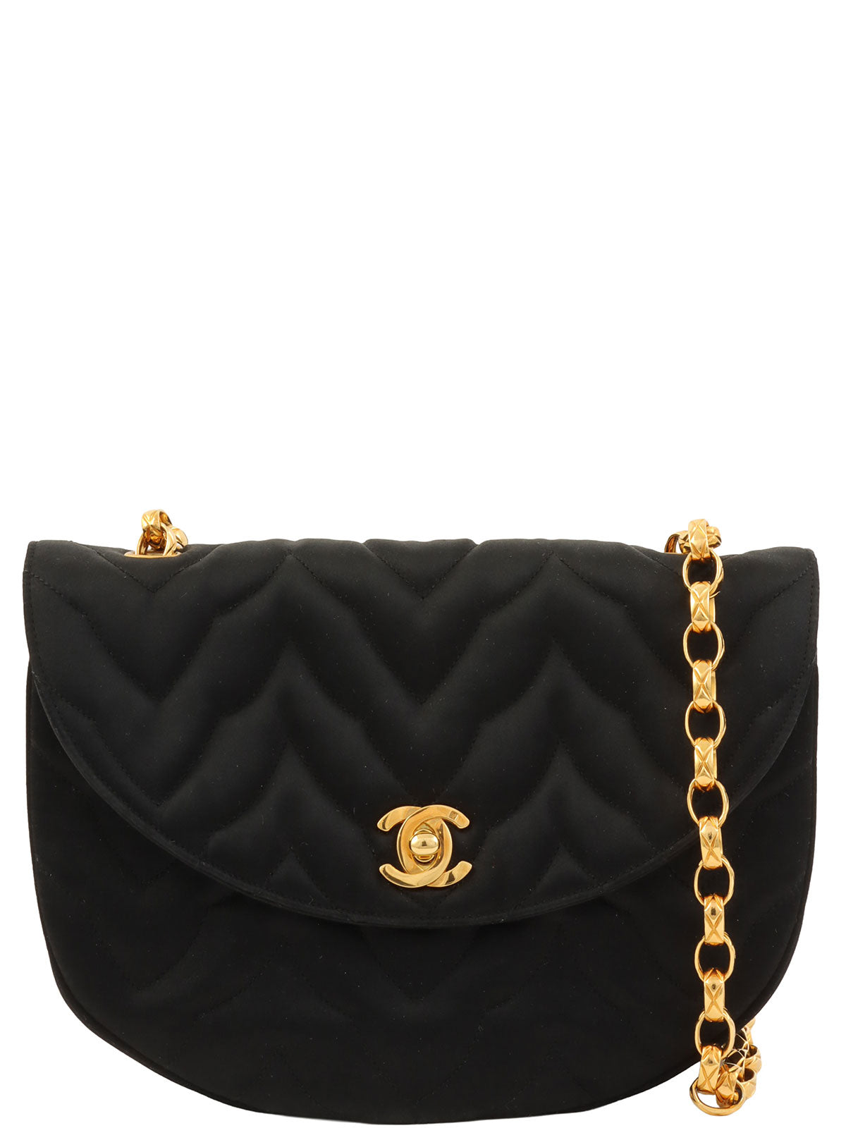 1990 Silk Satin Half Moon CC Turnlock Chain Shoulder Bag in Black