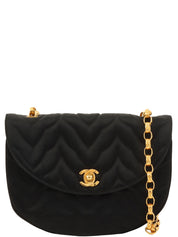 1990 Silk Satin Half Moon CC Turnlock Chain Shoulder Bag in Black