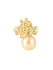 18K Gold Diamond Pearl Flower Motif Ring