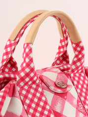 2010 Canvas Gingham Check Circle CC Mark Handbag in Pink/White