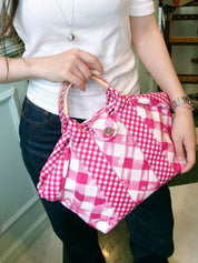 2010年頃製 キャンバスギンガムチェックサークルCCマークハンドバッグ ピンク/ホワイト