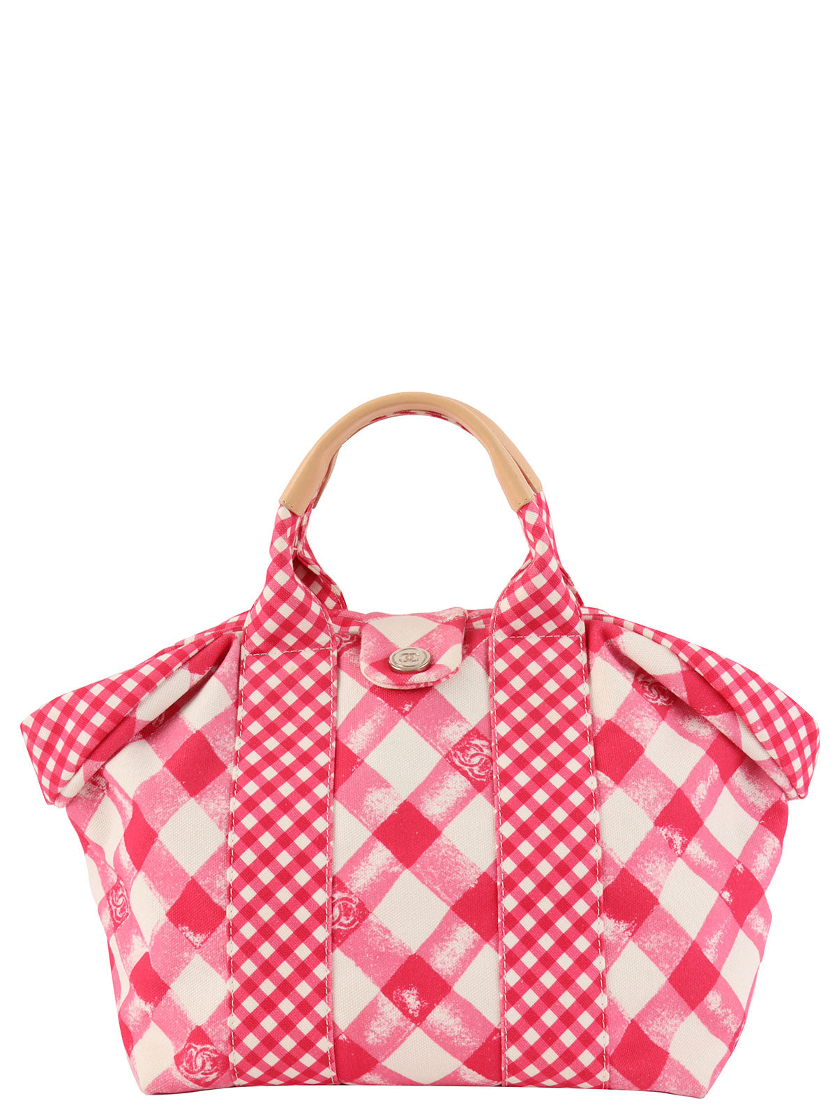 2010年頃製 キャンバスギンガムチェックサークルCCマークハンドバッグ ピンク/ホワイト