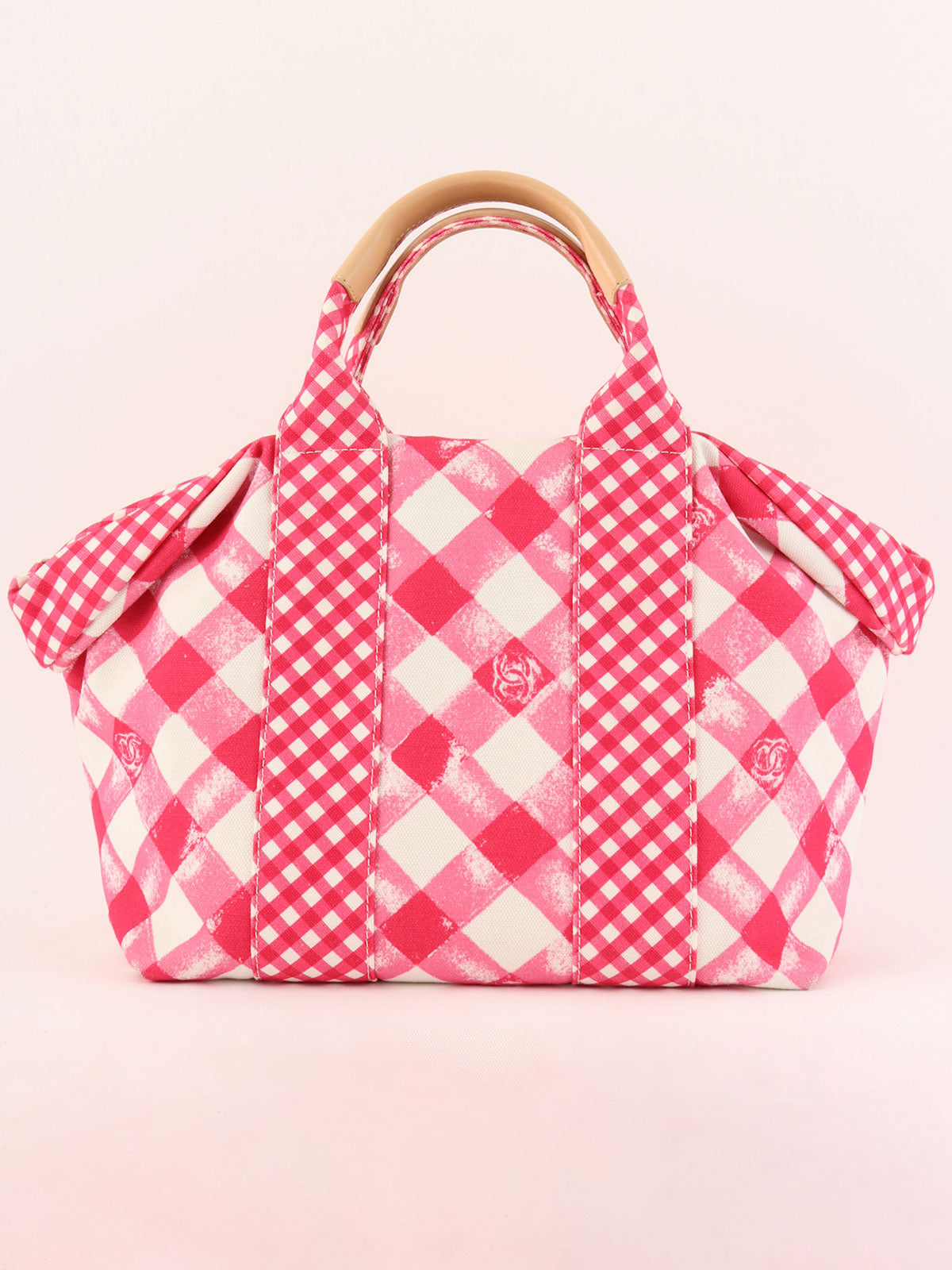 2010年頃製 キャンバスギンガムチェックサークルCCマークハンドバッグ ピンク/ホワイト