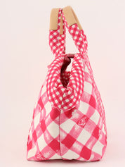 2010年頃製 キャンバスギンガムチェックサークルCCマークハンドバッグ ピンク/ホワイト