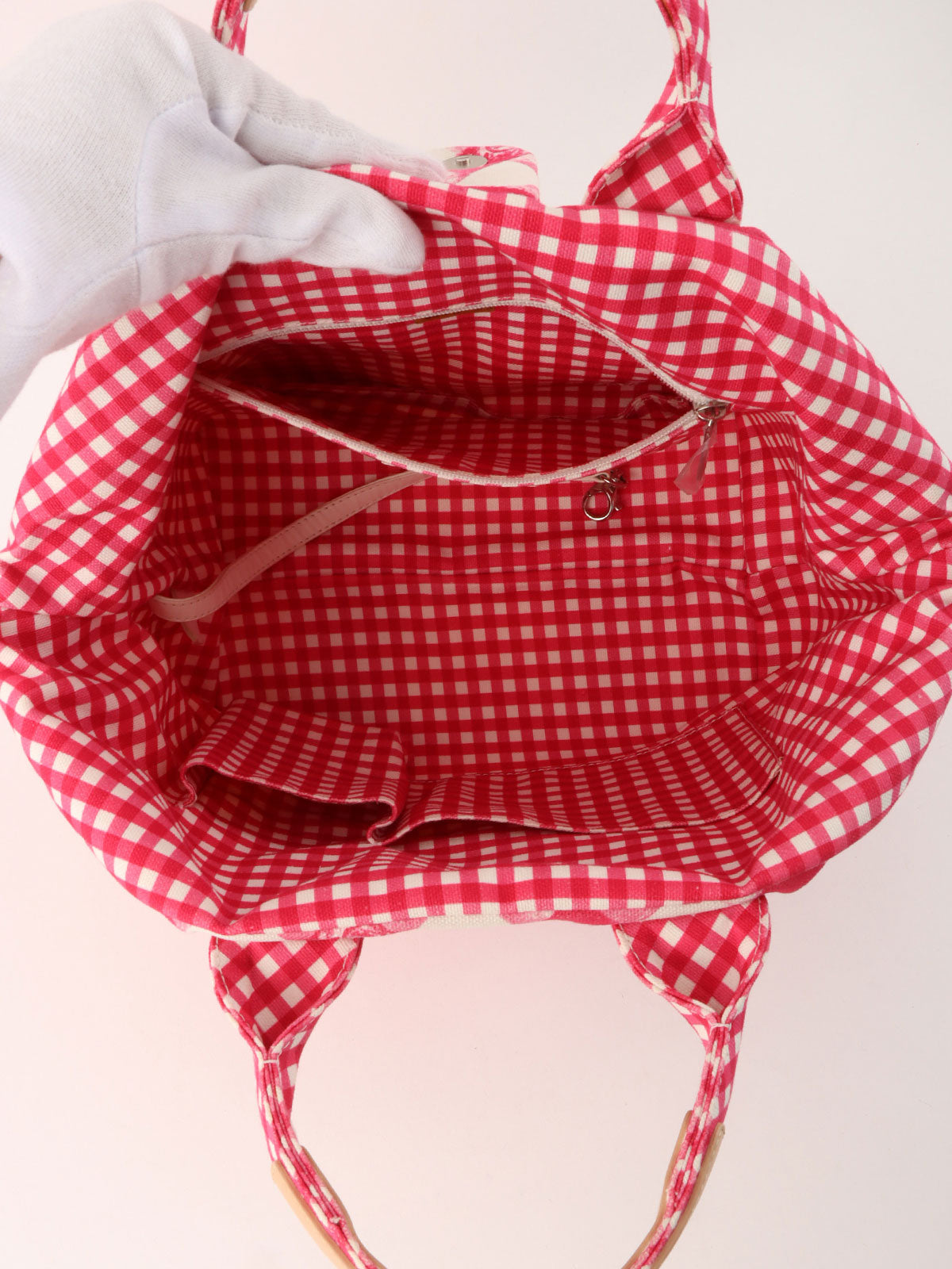 2010年頃製 キャンバスギンガムチェックサークルCCマークハンドバッグ ピンク/ホワイト