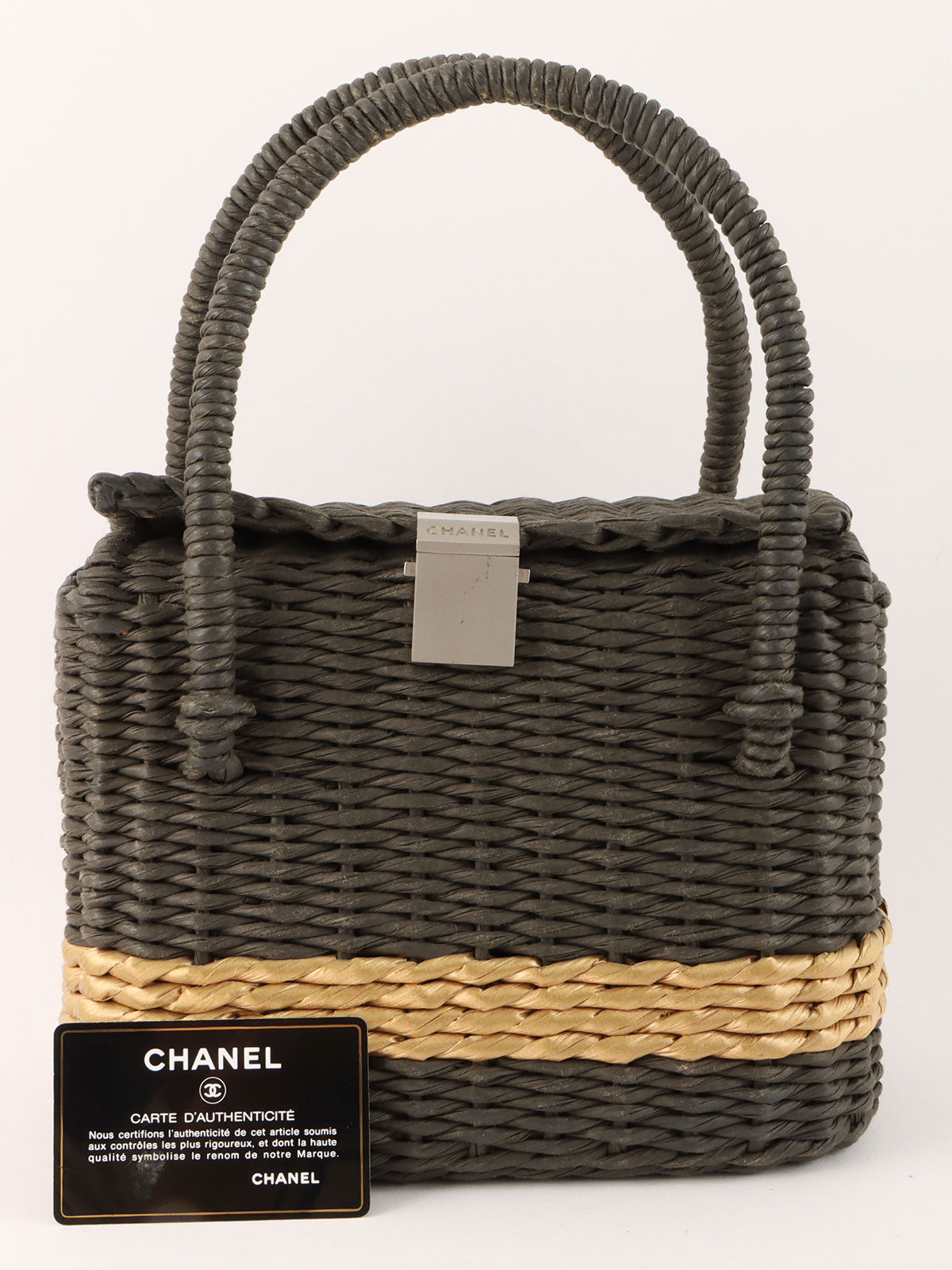 1998 Straw Logo Plate Handbag Gray/Beige
