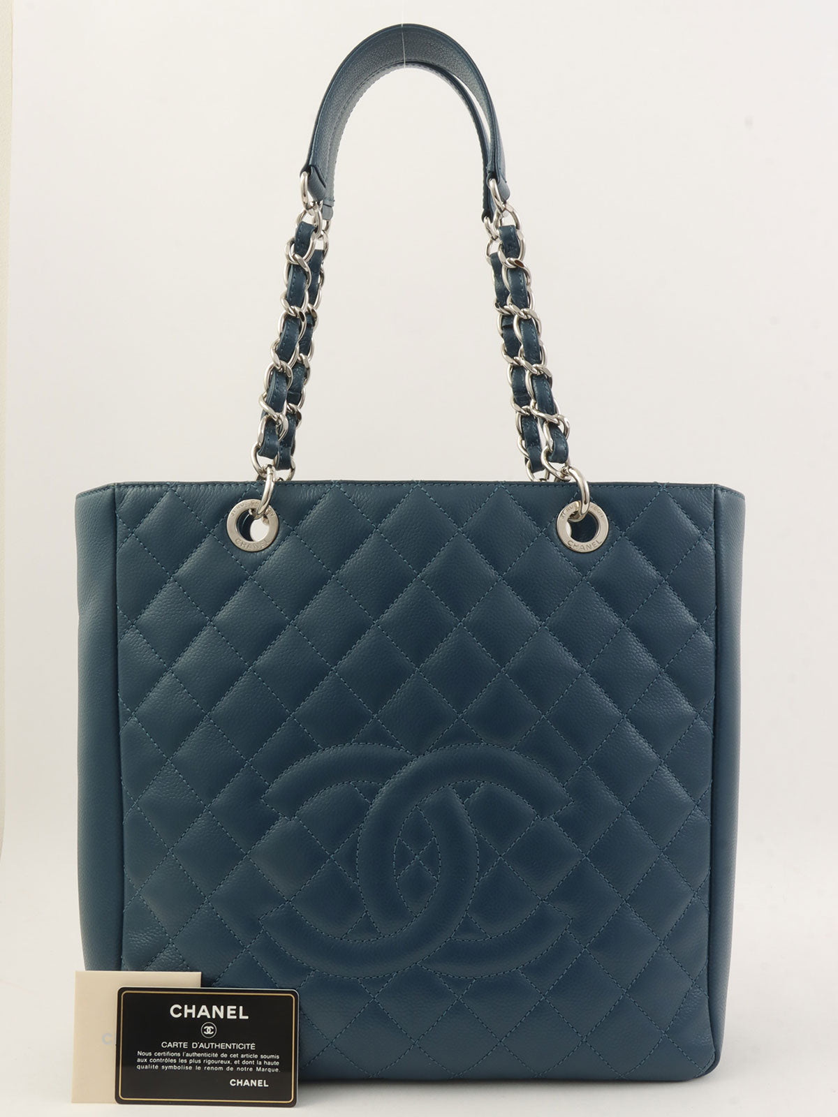 2013 Caviar Skin CC Mark Stitch Chain Tote Bag Blue