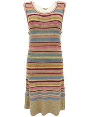 ボーダーCCマークボタンクロシェニットノースリーブワンピース マルチ