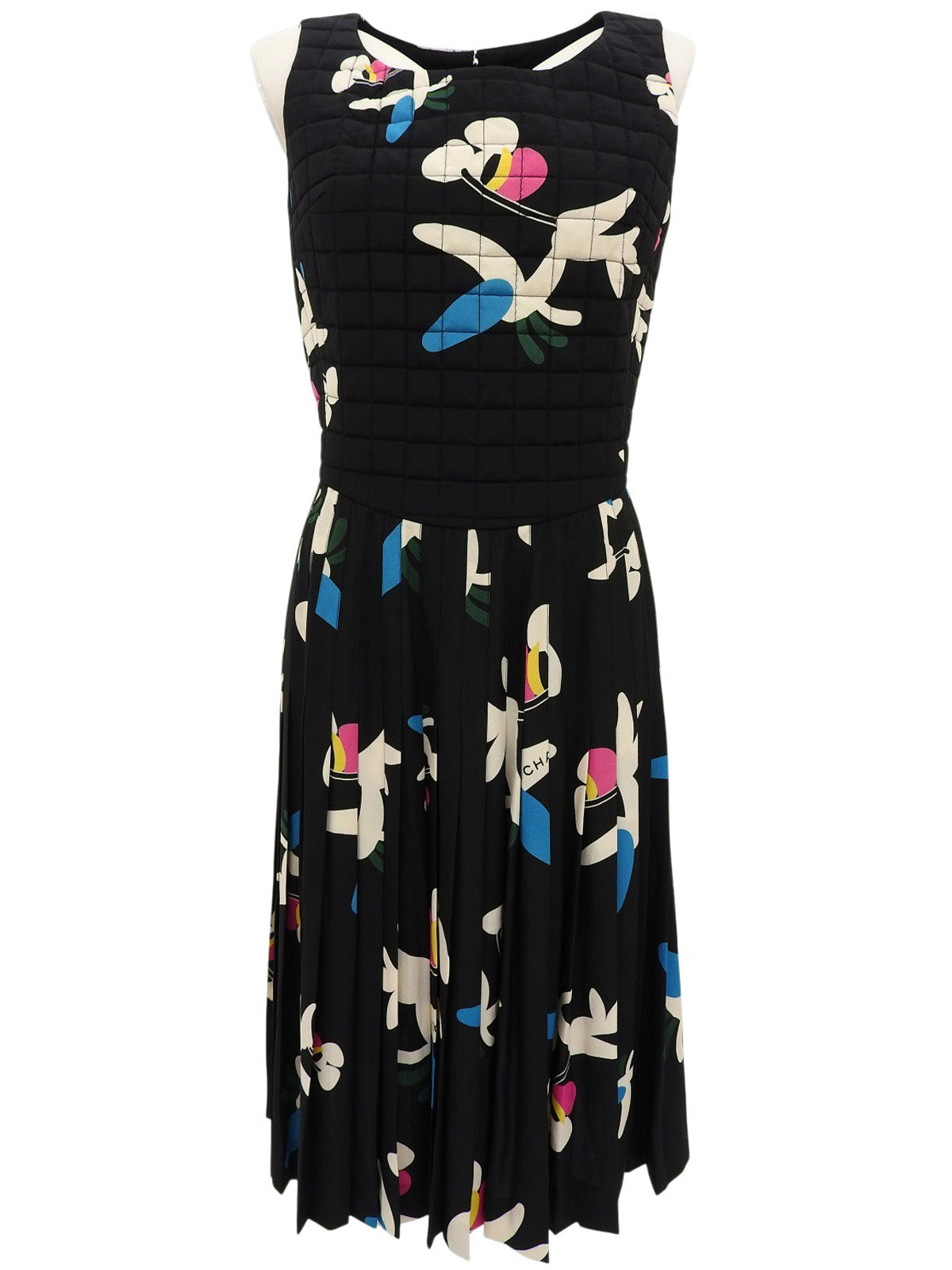 2000年製 シルクフラワーロゴキルティングプリーツワンピース ブラック/マルチ