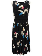 2000年製 シルクフラワーロゴキルティングプリーツワンピース ブラック/マルチ