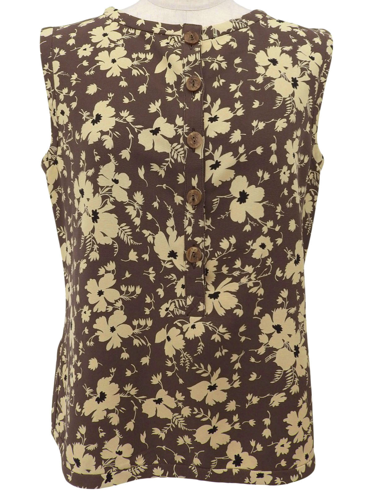 フラワーパターンノースリーブトップス ブラウン/クリームイエロー