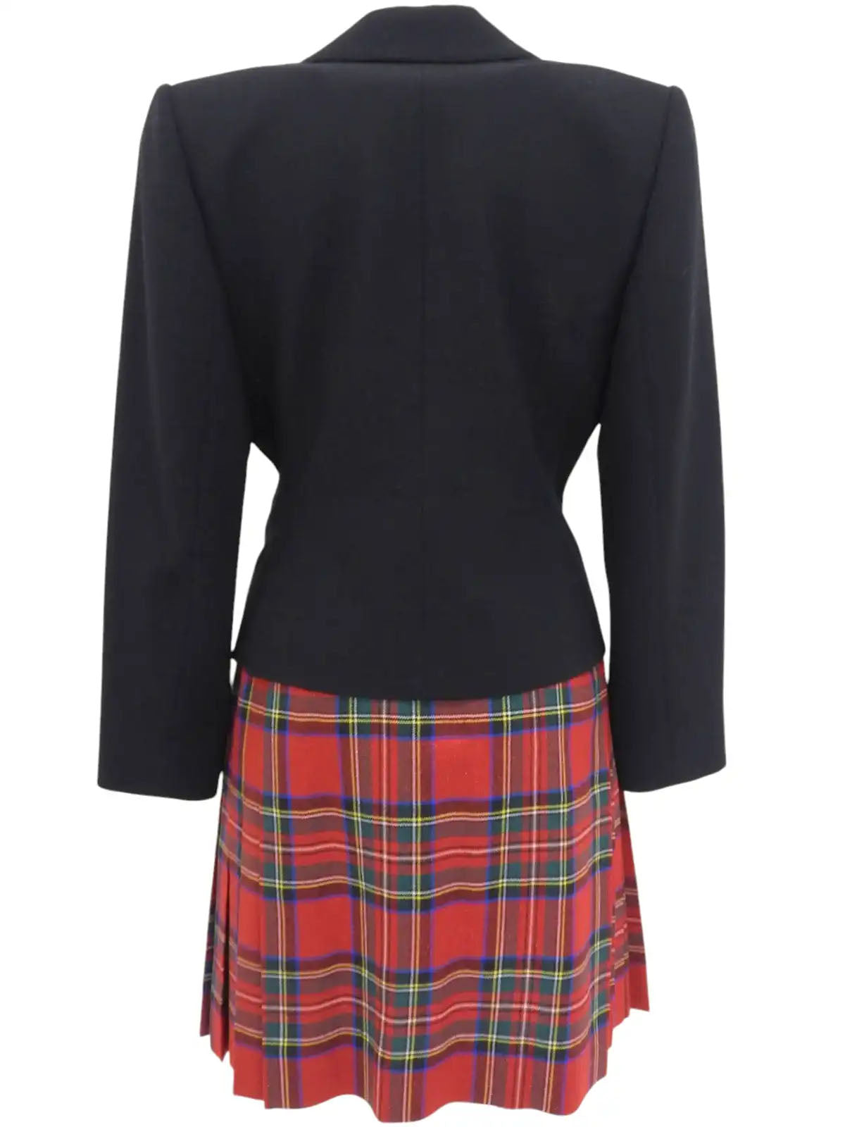 羊毛格纹图案套装，红色、黑色和绿色