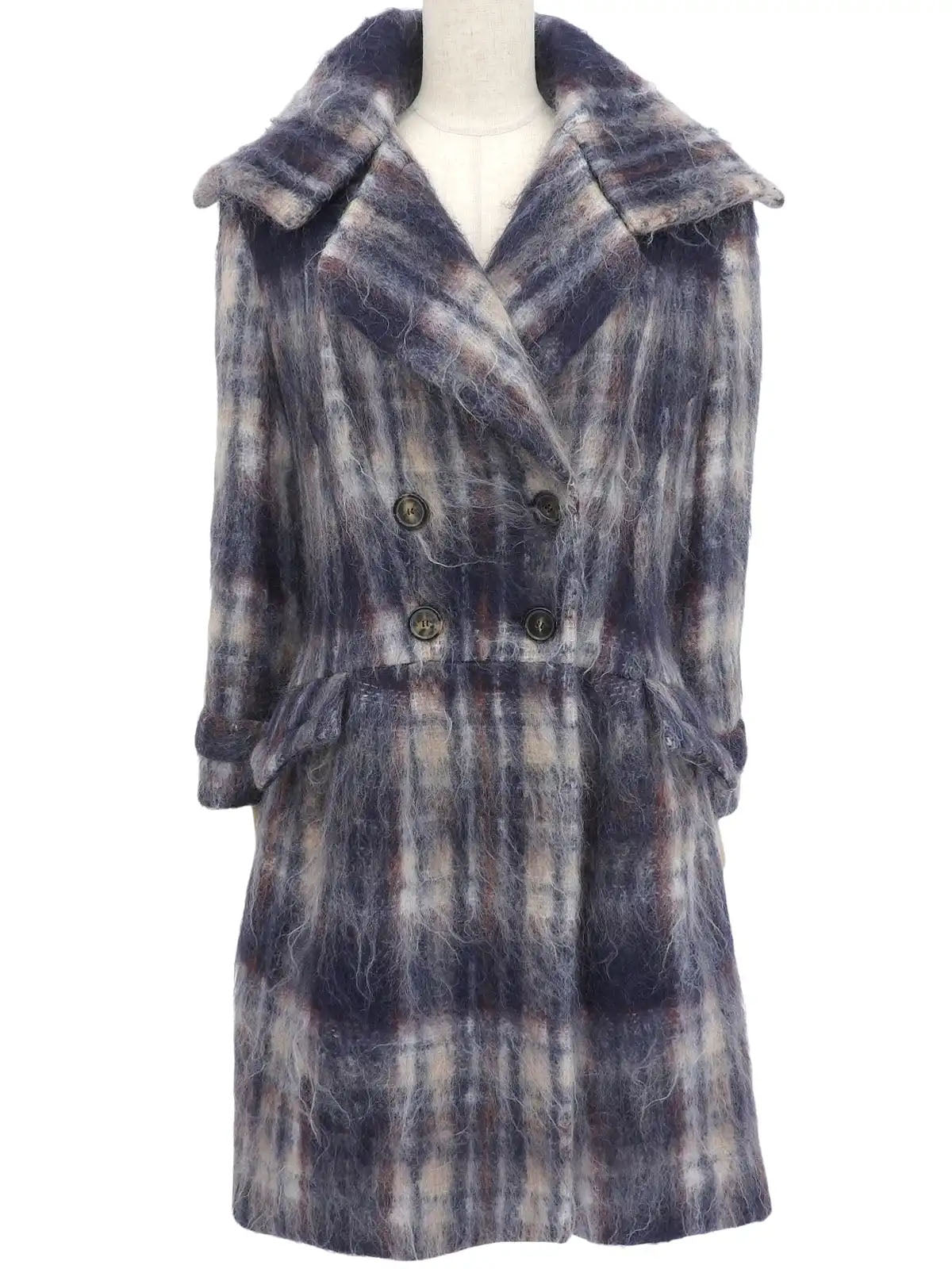 Check pattern mohair coat in navy and white