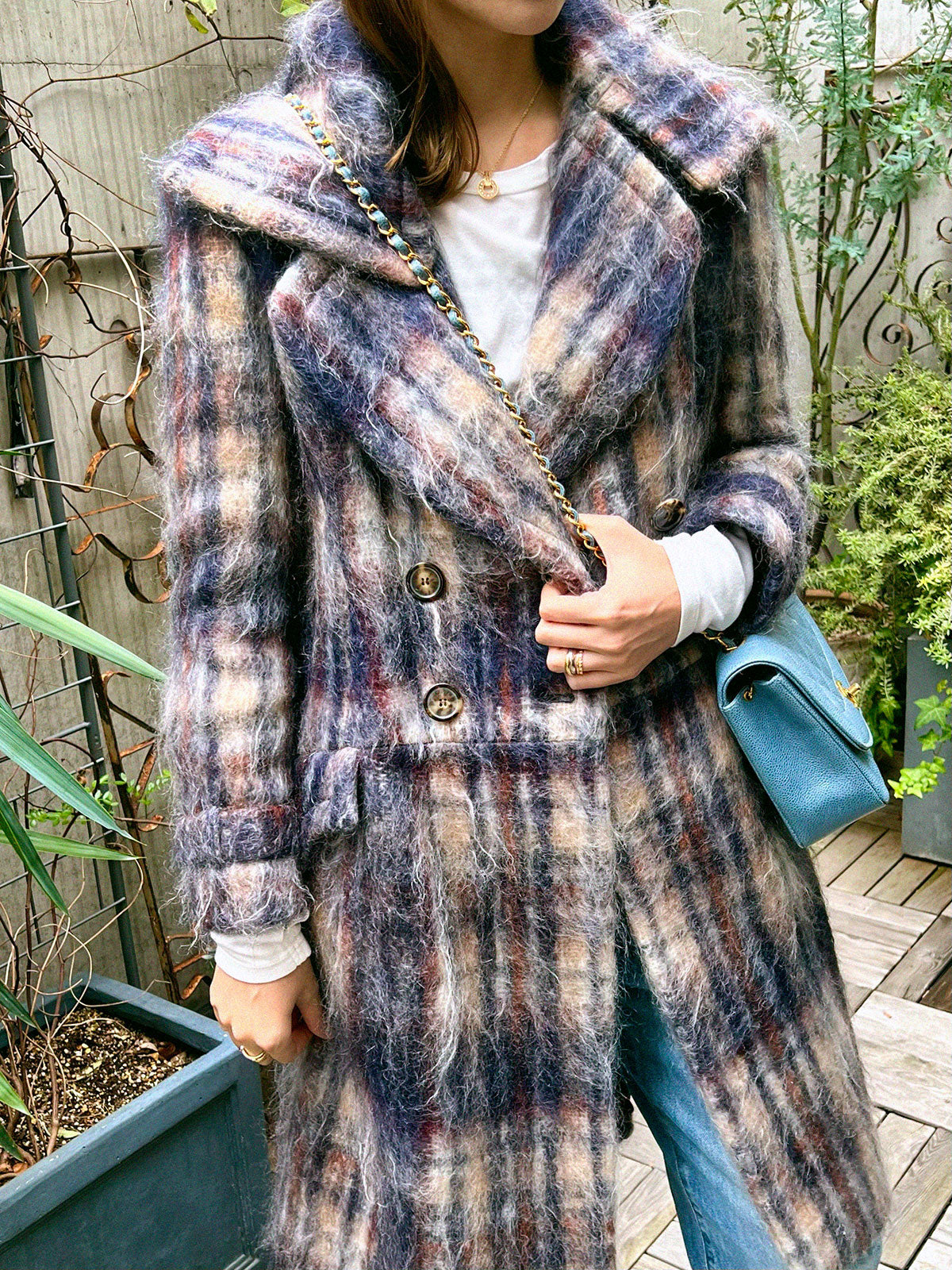 チェックパターンモヘアコート ネイビー/ホワイト