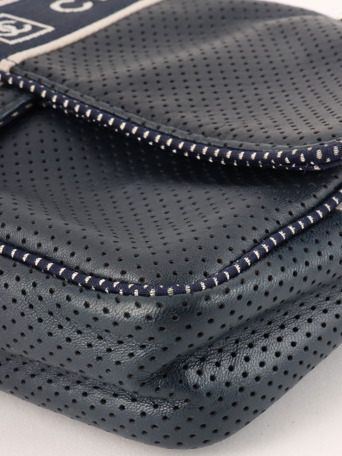 2004 Sports Line CC Turnlock Punched Leather Chain Shoulder Bag, Navy