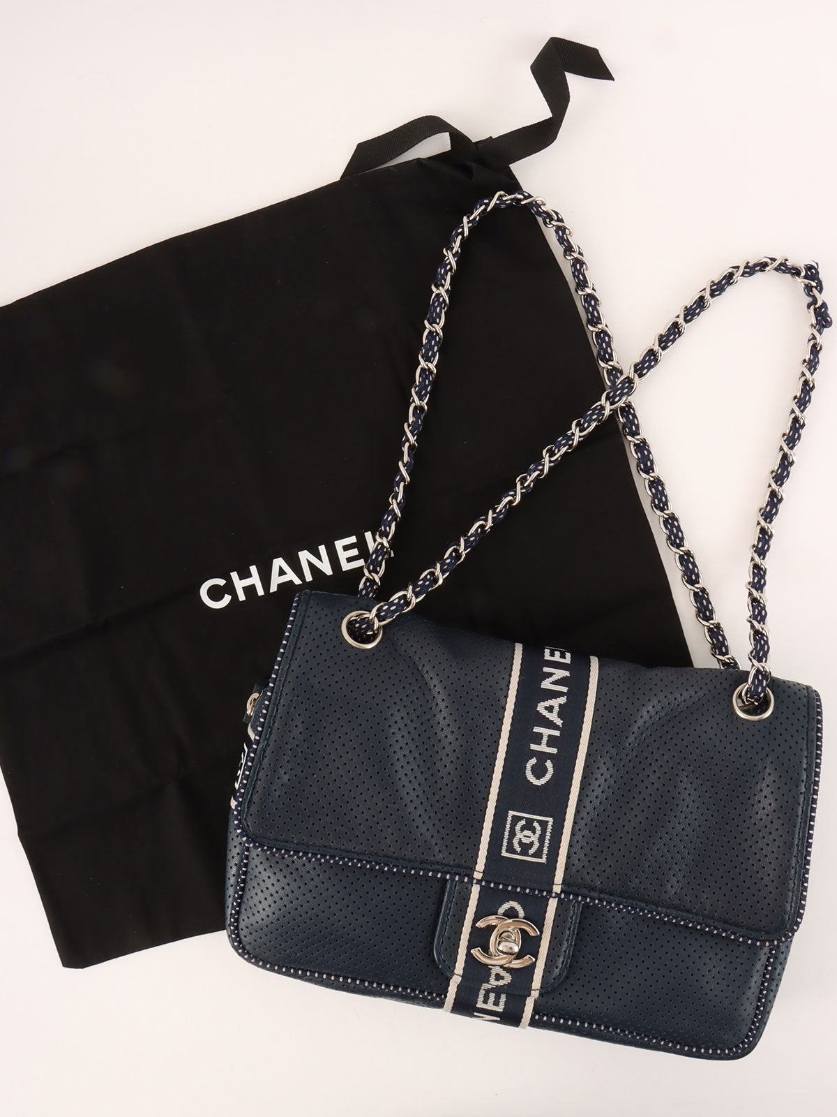 2004年頃製 スポーツラインCCターンロックパンチングレザーチェーンショルダーバッグ ネイビー