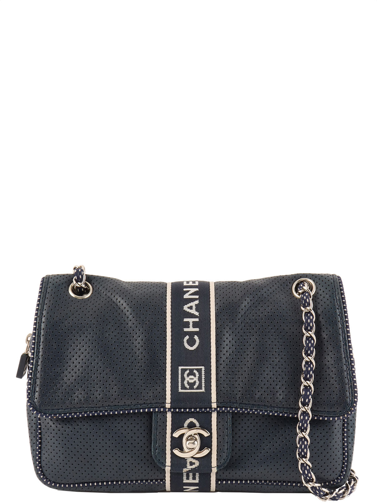 2004 Sports Line CC Turnlock Punched Leather Chain Shoulder Bag, Navy