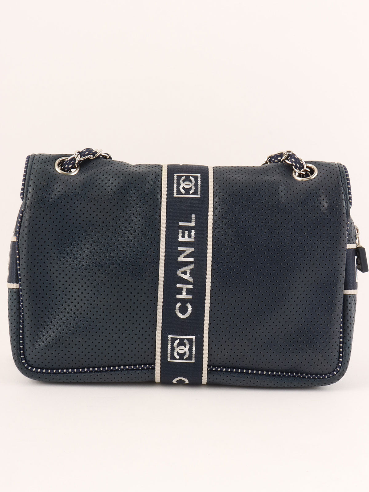 2004 Sports Line CC Turnlock Punched Leather Chain Shoulder Bag, Navy
