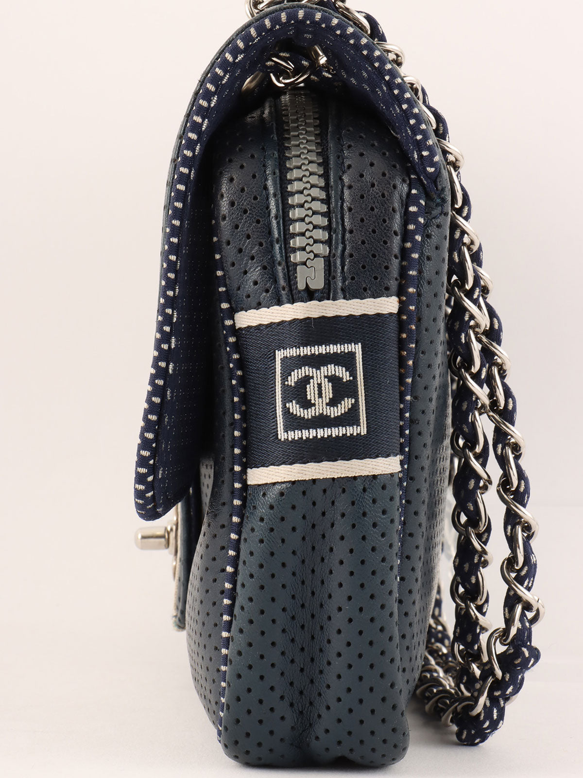 2004 Sports Line CC Turnlock Punched Leather Chain Shoulder Bag, Navy