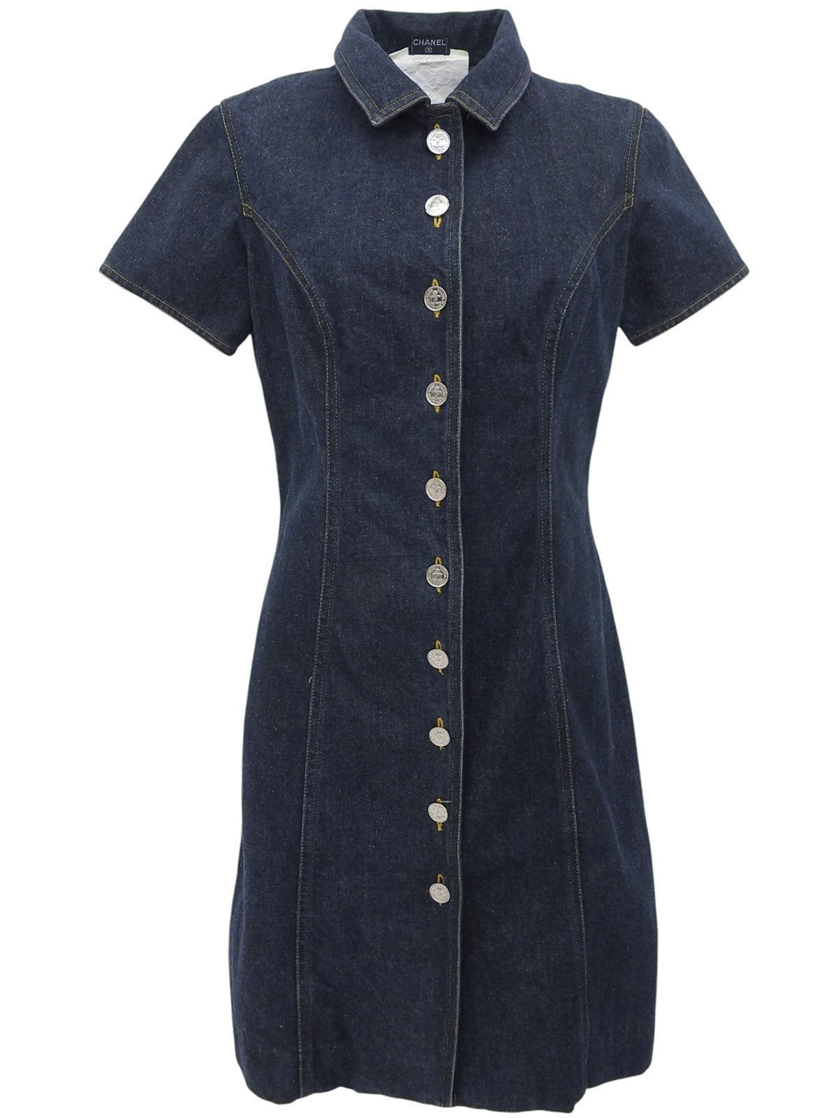 Denim CC Mark Button Short Sleeve Dress in Indigo