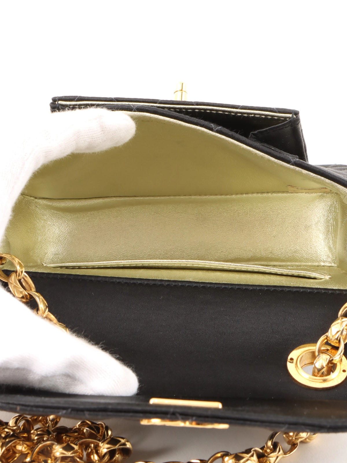 1992年頃製 シルクサテンCCターンロックビジューチェーンバッグミニ ブラック