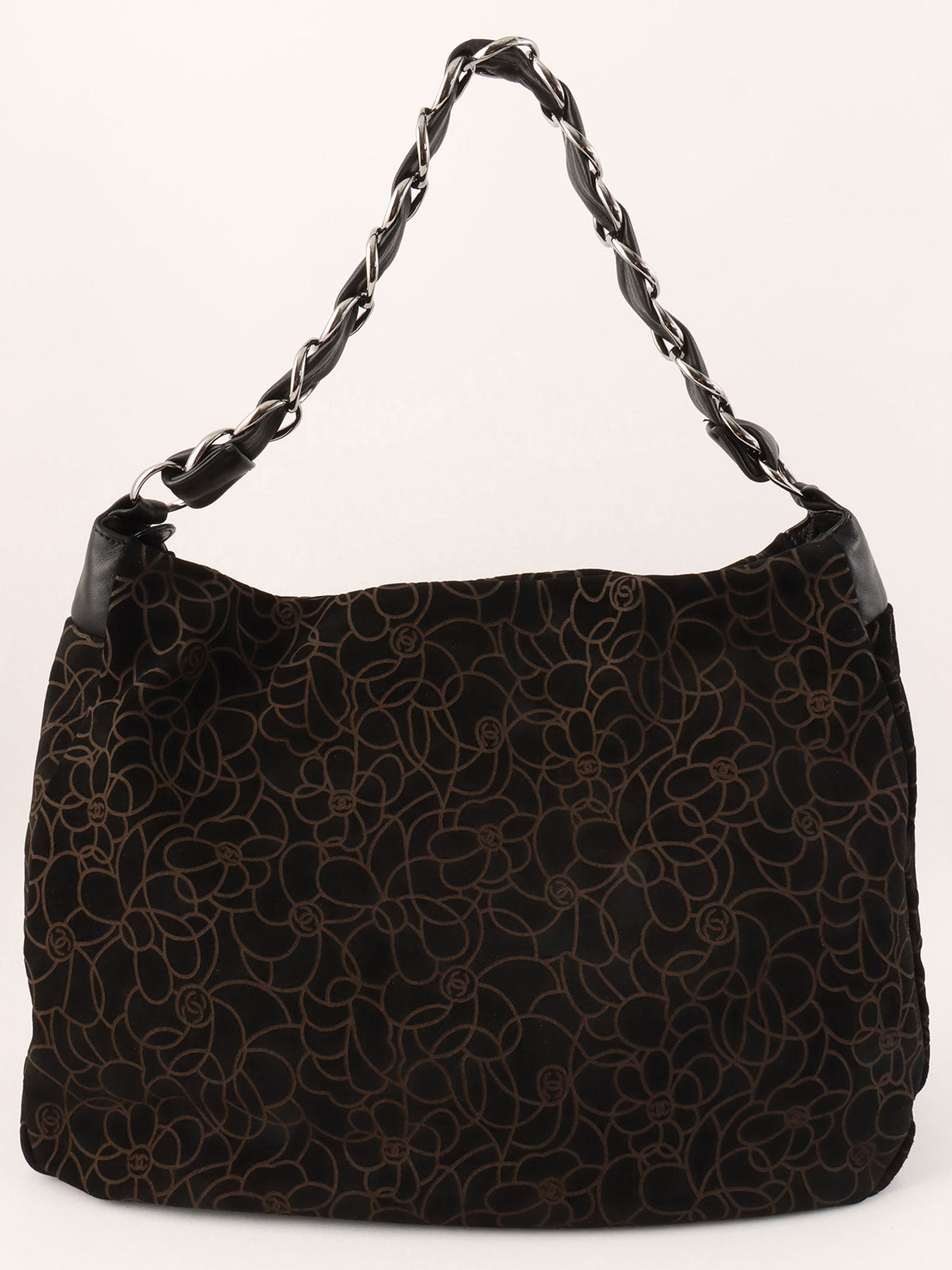 2004年頃製 スエードカメリアパターンCCマークプレートチェーンショルダーバッグ ブラック