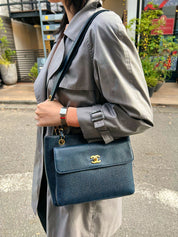 1997年頃製 キャビアスキンCCターンロックCCマークステッチチェーントートバッグ ネイビー