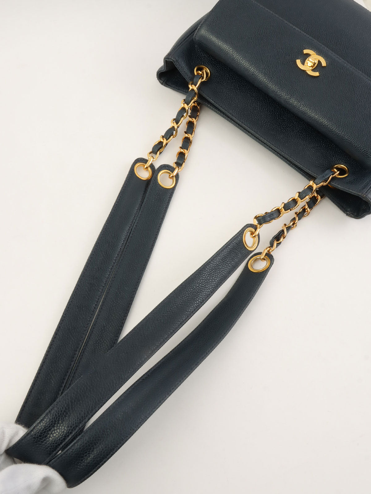 1997 Caviar Skin CC Turnlock CC Mark Stitch Chain Tote Bag, Navy