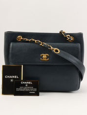 1997 Caviar Skin CC Turnlock CC Mark Stitch Chain Tote Bag, Navy
