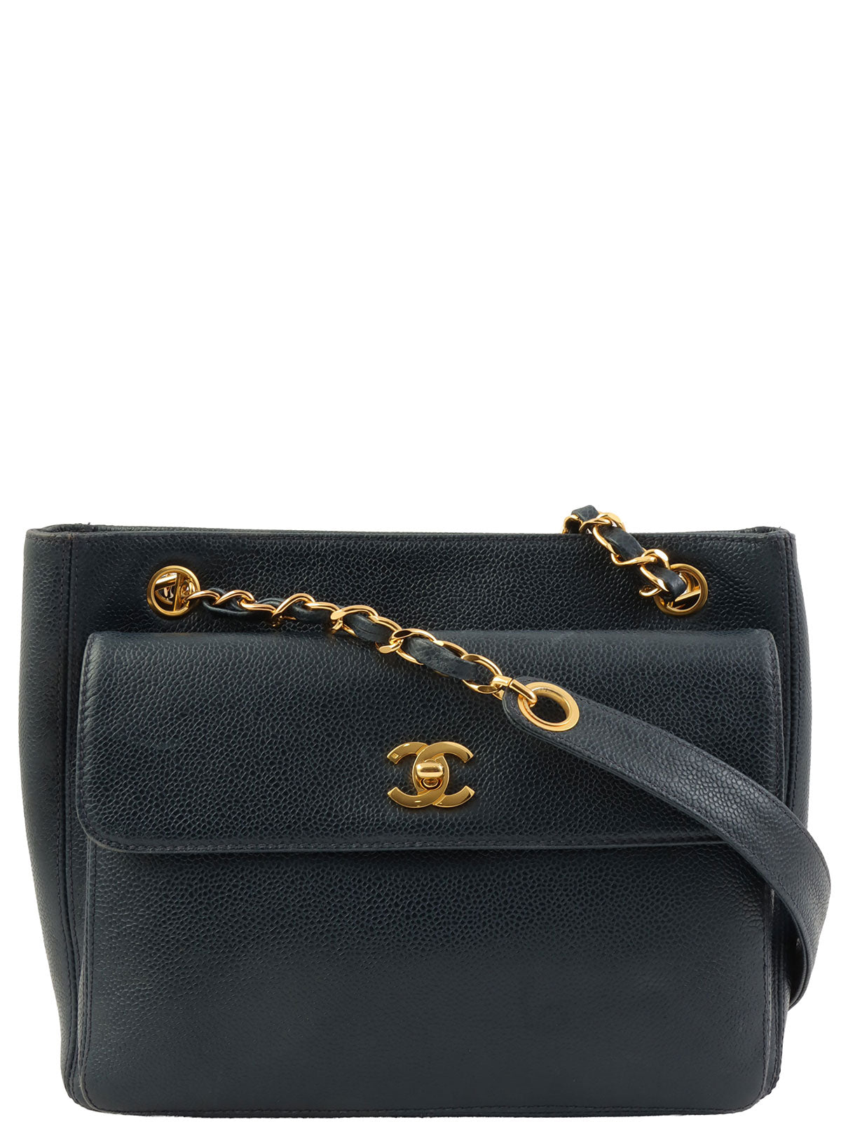 1997 Caviar Skin CC Turnlock CC Mark Stitch Chain Tote Bag, Navy