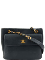 1997 Caviar Skin CC Turnlock CC Mark Stitch Chain Tote Bag, Navy