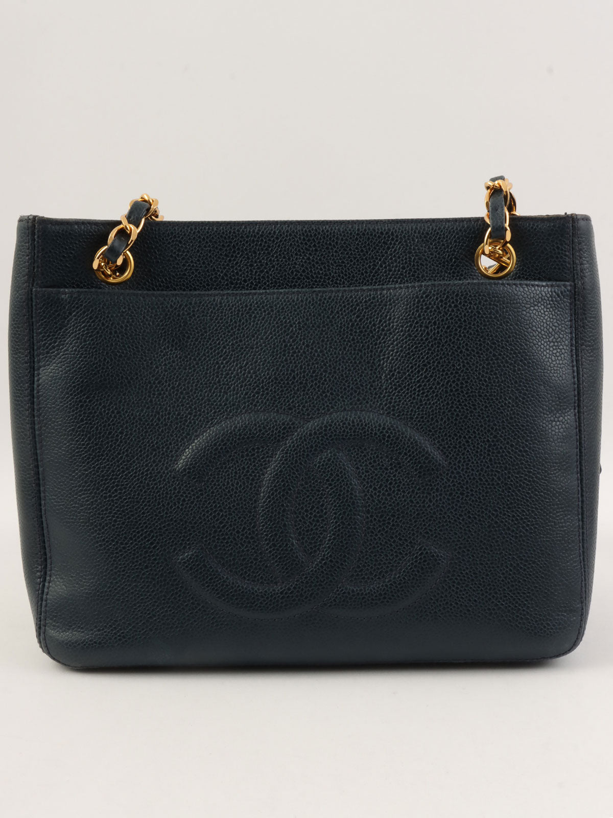 1997 Caviar Skin CC Turnlock CC Mark Stitch Chain Tote Bag, Navy