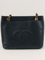 1997 Caviar Skin CC Turnlock CC Mark Stitch Chain Tote Bag, Navy
