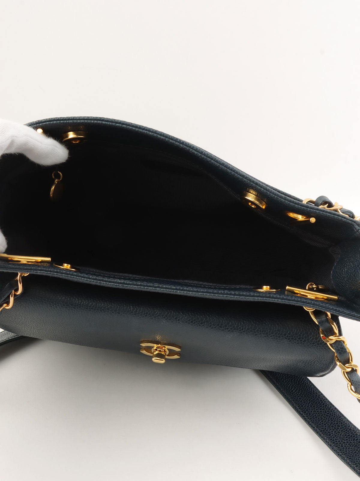 1997 Caviar Skin CC Turnlock CC Mark Stitch Chain Tote Bag, Navy