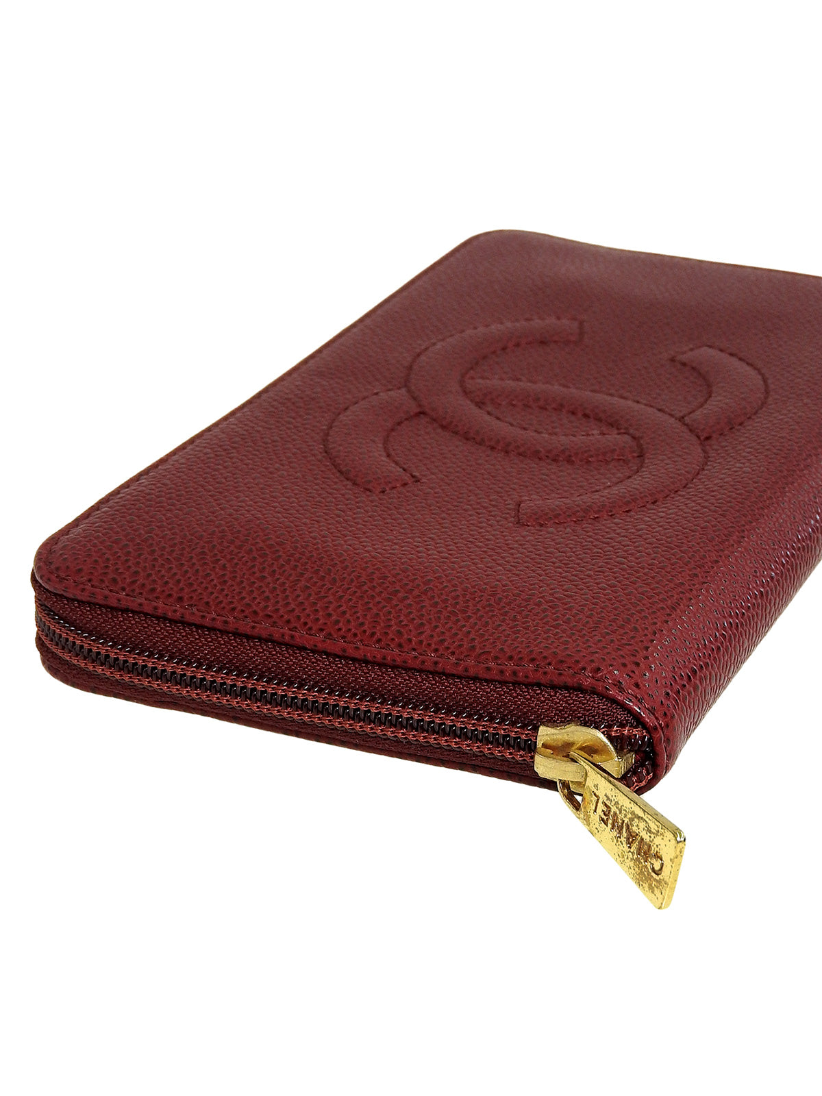 2000年頃製 キャビアスキンCCマークステッチジップロングウォレット ボルドー