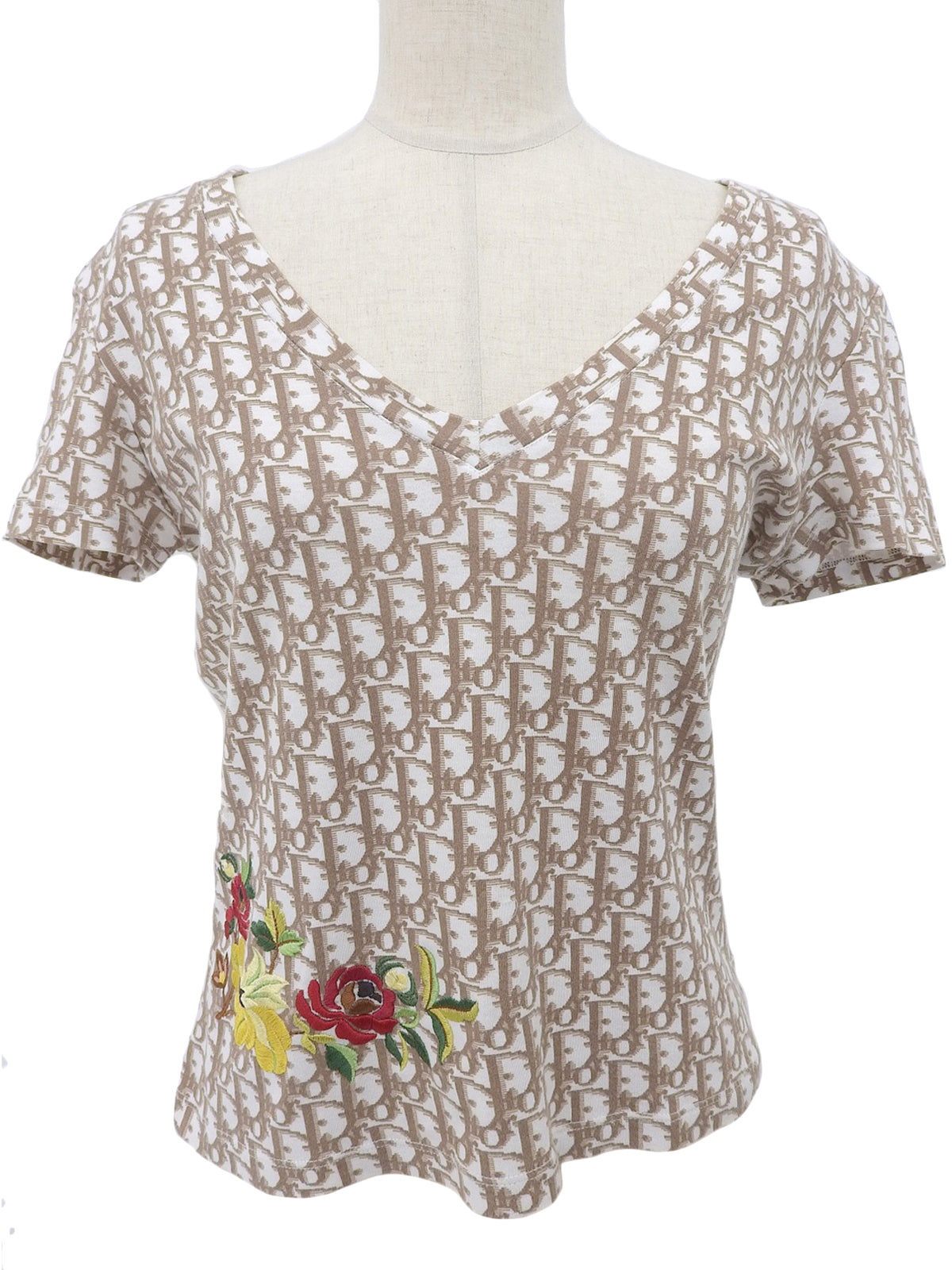 Trotter Pattern Flower Embroidered Half Sleeve Top in White/Brown